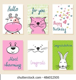 Collection of cute artistic cards for kids. Funny animals in vector.