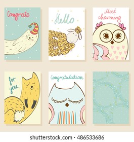 Collection of cute artistic cards for kids. Funny animals in vector.