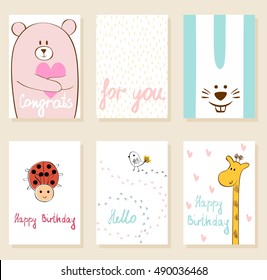 Collection of cute artistic cards for kids. Funny animals in vector.