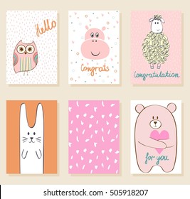 Collection of cute artistic cards for kids. Funny animals in vector.