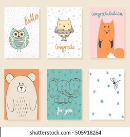 Collection of cute artistic cards for kids. Funny animals in vector.