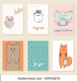 Collection of cute artistic cards for kids. Funny animals in vector.
