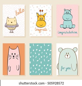 Collection of cute artistic cards for kids. Funny animals in vector.