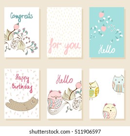 Collection of cute artistic cards for kids. Funny owls in vector.