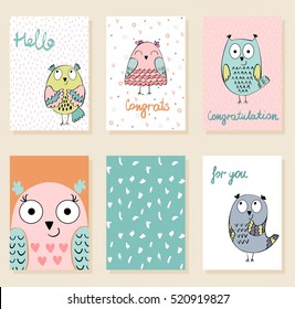 Collection of cute artistic cards for kids. Funny owls in vector.