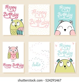 Collection of cute artistic cards for kids. Funny owls in vector. Greeting card for birthday.