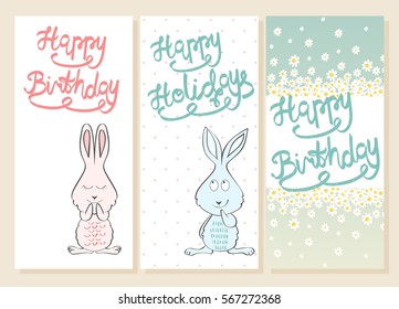 Collection of cute artistic cards for kids. Bunny in vector. Greeting card for birthday.