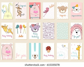 Collection of cute artistic cards for kids. Funny animals in vector.