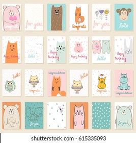 Collection of cute artistic cards for kids. Funny animals in vector.