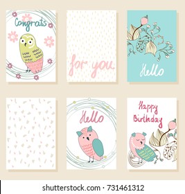 Collection of cute artistic cards for kids. Funny owls in vector.