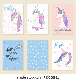 Collection of cute artistic cards for kids. Magic cute unicorn in vector.