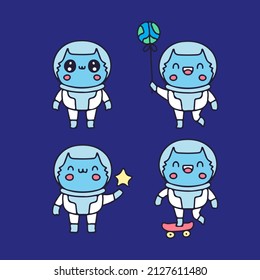 Collection of cute astronaut cat in various activity, illustration for t-shirt, sticker, or apparel merchandise. With retro cartoon style.