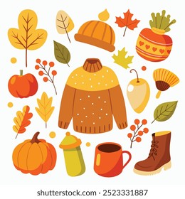 A collection of cute autumn illustrations including pumpkins leaves sweaters and more