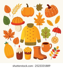 A collection of cute autumn illustrations including pumpkins leaves sweaters