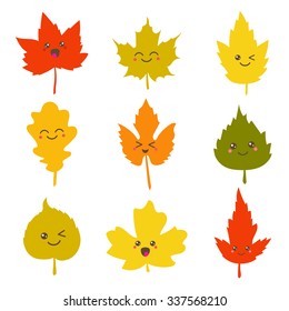 Collection of cute autumn leaves in kawaii style. Vector illustration