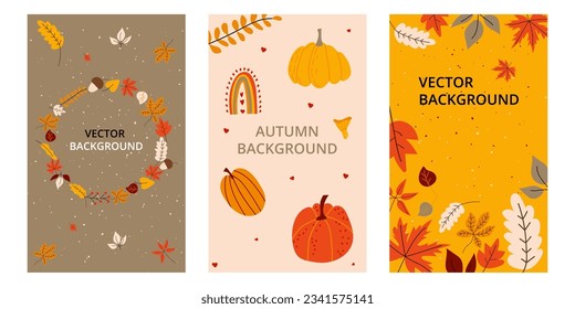 Collection of cute autumn postcards. Thanksgiving. Beautiful fall templates of flyers, greeting cards. Pumpkins, leaves, autumn colors. Vector illustration, hand drawn style. 