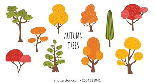 Collection of cute autumn trees. Fall illustration with different trees. Elements of nature to create a landscape. Flat vector illustration on white background. Banner, clipart. Hand-drawn style. 