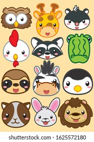 Collection of cute baby animals in cartoon, 12 item face animals