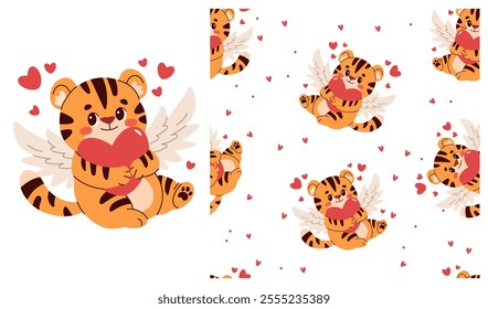 Collection of cute baby animals for children's products, prints, wallpapers, covers, prints on clothes. Cupid tiger with wings, hearts. Seamless vector pattern. Vector illustration