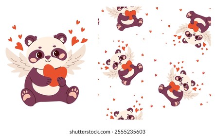 Collection of cute baby animals for children's products, prints, wallpapers, covers, prints on clothes. Cupid bear panda with wings, hearts. Seamless vector pattern. Vector illustration