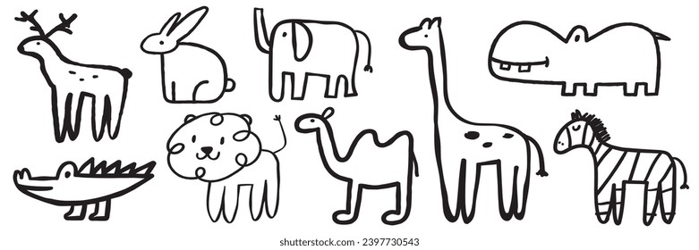 Collection of cute baby animals. Deer, elephant, crocodile, giraffe, bunny, lion, camel, hippo, zebra. Hand drawn outline vector illustration on white background. Children art.