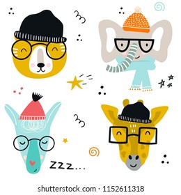 Collection of cute baby animals muzzle with glasses and knitted hats in scandinavian style. Set of wild characters in scandinavian style.