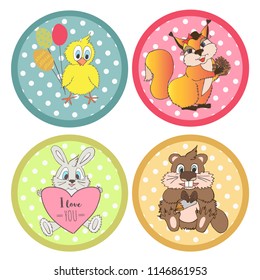 Collection of cute baby animals set in circle frame with dots  including  squirrel, chick, beaver and hare.
