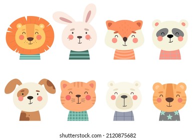 Colección de lindos animales de bebé, personajes vectoriales graciosos.