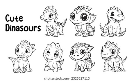 Collection Of Cute baby Dinosaur Characters. black and white, line art. Coloring page for kids and adults, cartoonish, cute.