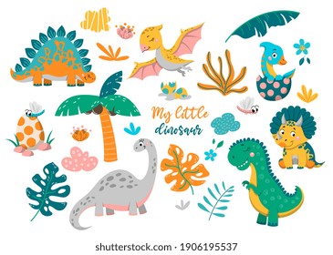 Collection of cute baby dinosaurs. Hand drawn brontosaurus, tyrannosaurus, pteronadon, pterodactyl, triceratops. Set of flat cartoon vector illustrations isolated on white background