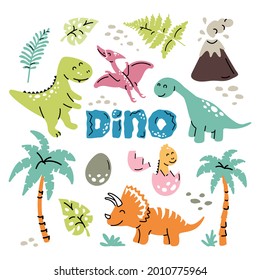 Collection of cute baby dinosaurs. Hand drawn brontosaurus, tyrannosaurus, pteranodon, pterodactyl, triceratops. Set of vector illustrations isolated on white background in trendy scandinavian style