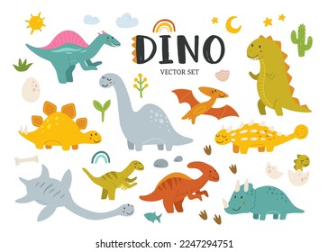 Sammlung süßer Dinosaurier. Handgezeichneter Brontosaurus, Tyrannosaurus, Pterodactyl, Triceratops, Stegosaurus, Spinosaurier, Plesiosaurus, Kankylosaurus, Velociraptor, Parasaurolophus.