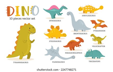 Collection of cute baby dinosaurs. Hand drawn brontosaurus, tyrannosaurus, pterodactyl, triceratops, stegosaurus, spinosaurus, plesiosaurus, ankylosaurus, velociraptor, parasaurolophus.