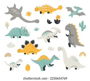 Collection of cute baby dinosaurs. Hand drawn brontosaurus, tyrannosaurus, pterodactyl, triceratops, stegosaurus, spinosaurus, plesiosaurus, ankylosaurus, velociraptor, parasaurolophus pastel colors