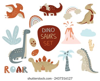 Collection of cute baby dinosaurs. Hand drawn brontosaurus, tyrannosaurus, pteronadon, pterodactyl, triceratops. Set of flat cartoon vector illustrations isolated on white background. 