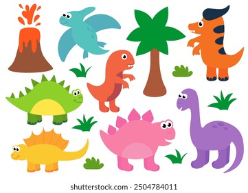 Collection of cute baby dinosaurs. Hand drawn brontosaurus, tyrannosaurus, pteranodon, pterodactyl. Set of flat cartoon vector illustrations isolated on white background.