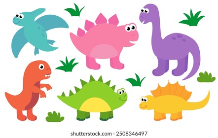 Collection of cute baby dinosaurs. Hand drawn brontosaurus, tyrannosaurus, pteranodon, pterodactyl. Set of flat cartoon vector illustrations isolated on white background.