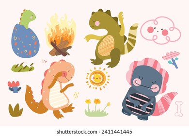 Collection of cute baby dinosaurs.  Set of flat cartoon vector illustrations    sun, clouds, flowers, eggs, fire . Vector illustration.