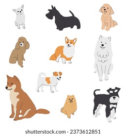 Collection of cute baby dogs cartoon hand drawn style. Collection of dog characters, flat illustration for design, decor, print, stickers, posters. Vector illustration isolated on a white background.