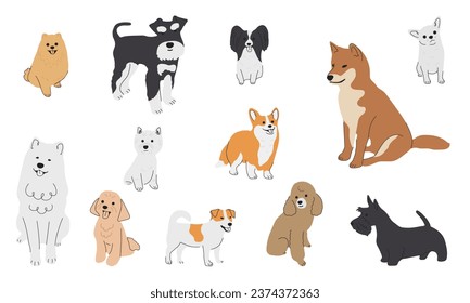 Collection of cute baby dogs cartoon hand drawn style. Collection of dog characters, flat illustration for design, decor, print, stickers, posters. Vector illustration isolated on a white background.