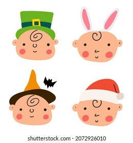 Collection of cute baby faces icons. 
Children wearing funny costume's hats on Halloween. Christmas, St. Patrick's day, Happy Easter. Vector illustrations on white background
