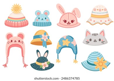 Collection of cute baby hats for summer and winter seasons. Headwear with flower and animal style design vector illustration isolated on white background