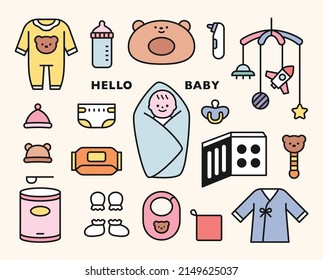 Collection of cute baby and baby items icons. flat design style vector illustration.