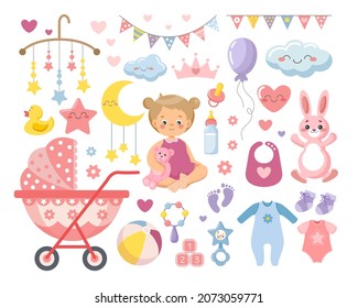 Collection of cute baby items for newborns and toddlers. Girl. Vector illustration