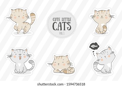 Collection of cute baby kitty cats. Hand drawn kittens cartoon character stickers. Icon design collection.