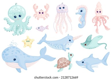 Collection of cute baby marine mammals, fish, animals. Cartoon vector graphics.