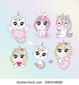 Collection of cute baby unicorns and cats with horns. Pastel soft colors. Vector illustration.