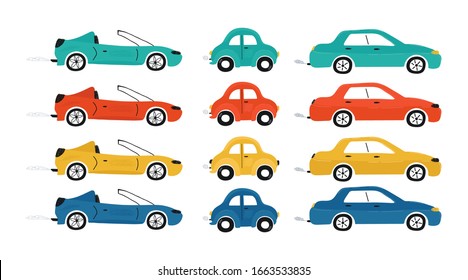 Collection of cute baby's cars isolated on a white background. Icons in hand drawn style for design of children's rooms, clothing, textiles. Vector illustration