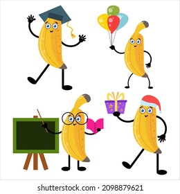 Collection of cute banana cartoon illustration characters perfect for logos and more