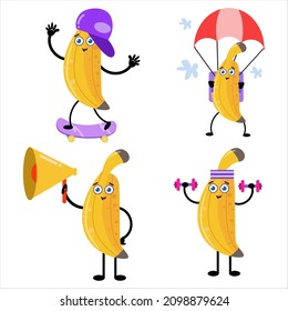 Collection of cute banana cartoon illustration characters perfect for logos and more